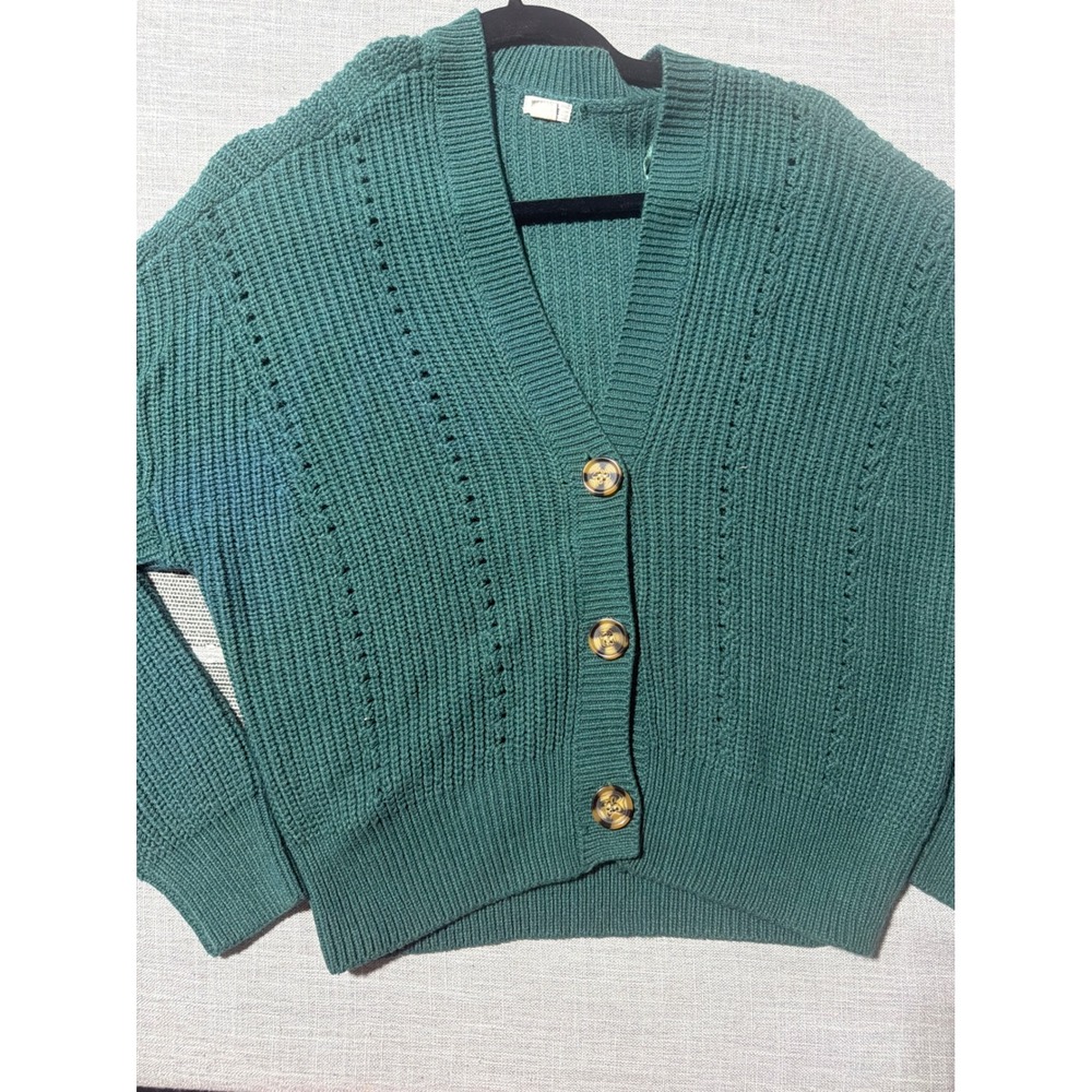 Garage Teal Green Shaker Knit Pointelle Button Front Cardigan Sweater Womens S